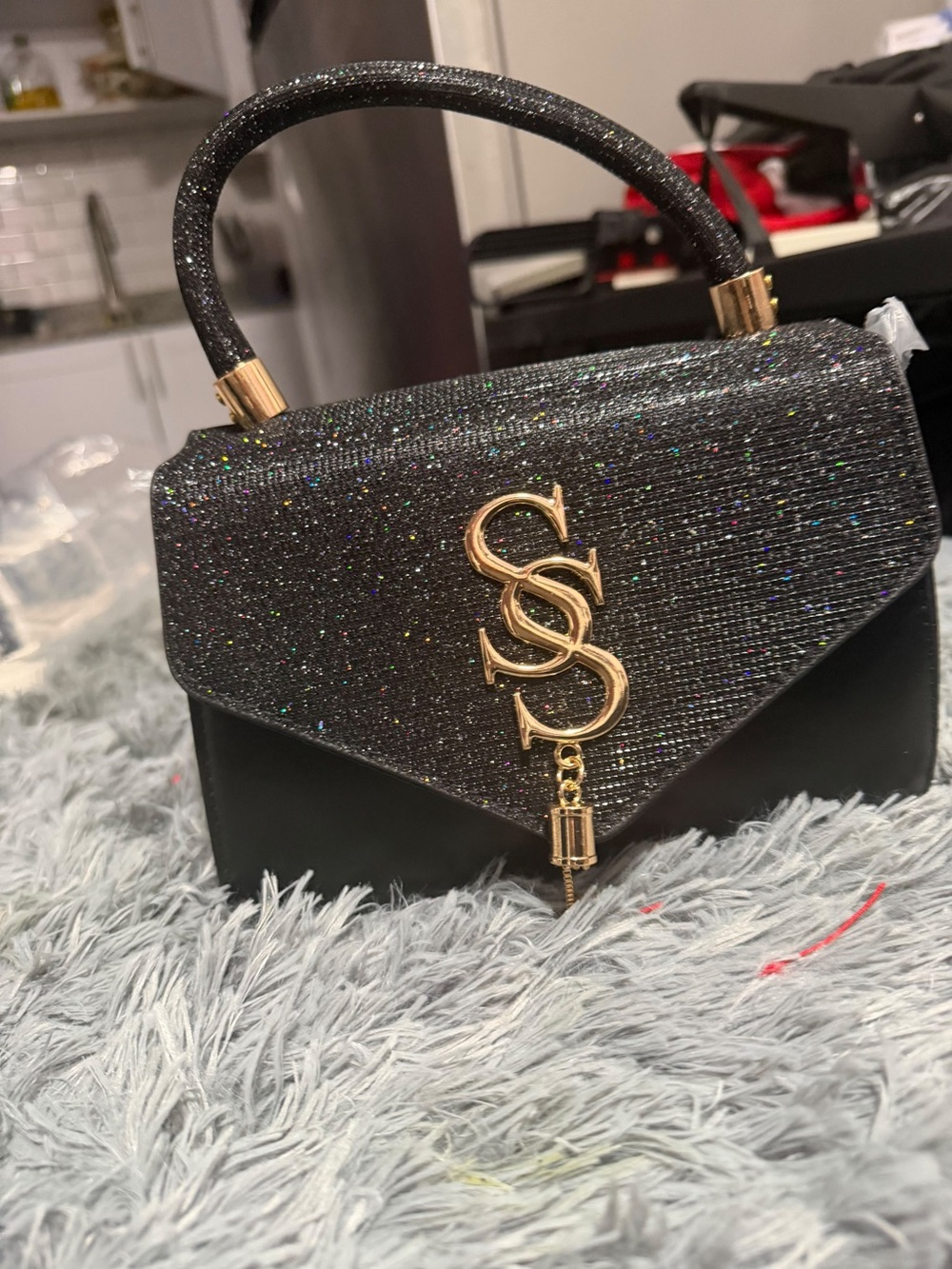 Black Glitter Top-Handle Evening Bag with Gold Accent